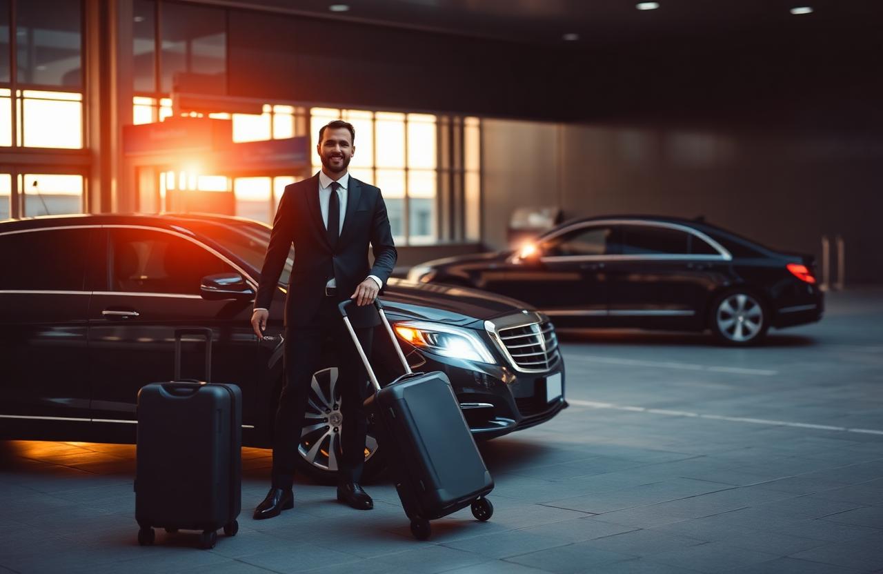 Chauffeur met bagage bij luxe Mercedes voor luchthaventerminal